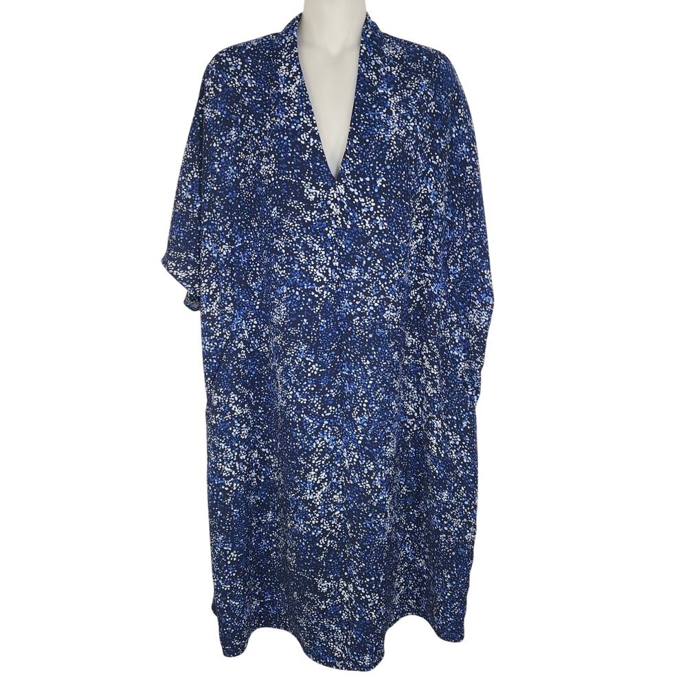 Lands' End Womens Shift Dress 18W Short Dolman Sleeve Knee Length Blue Printed